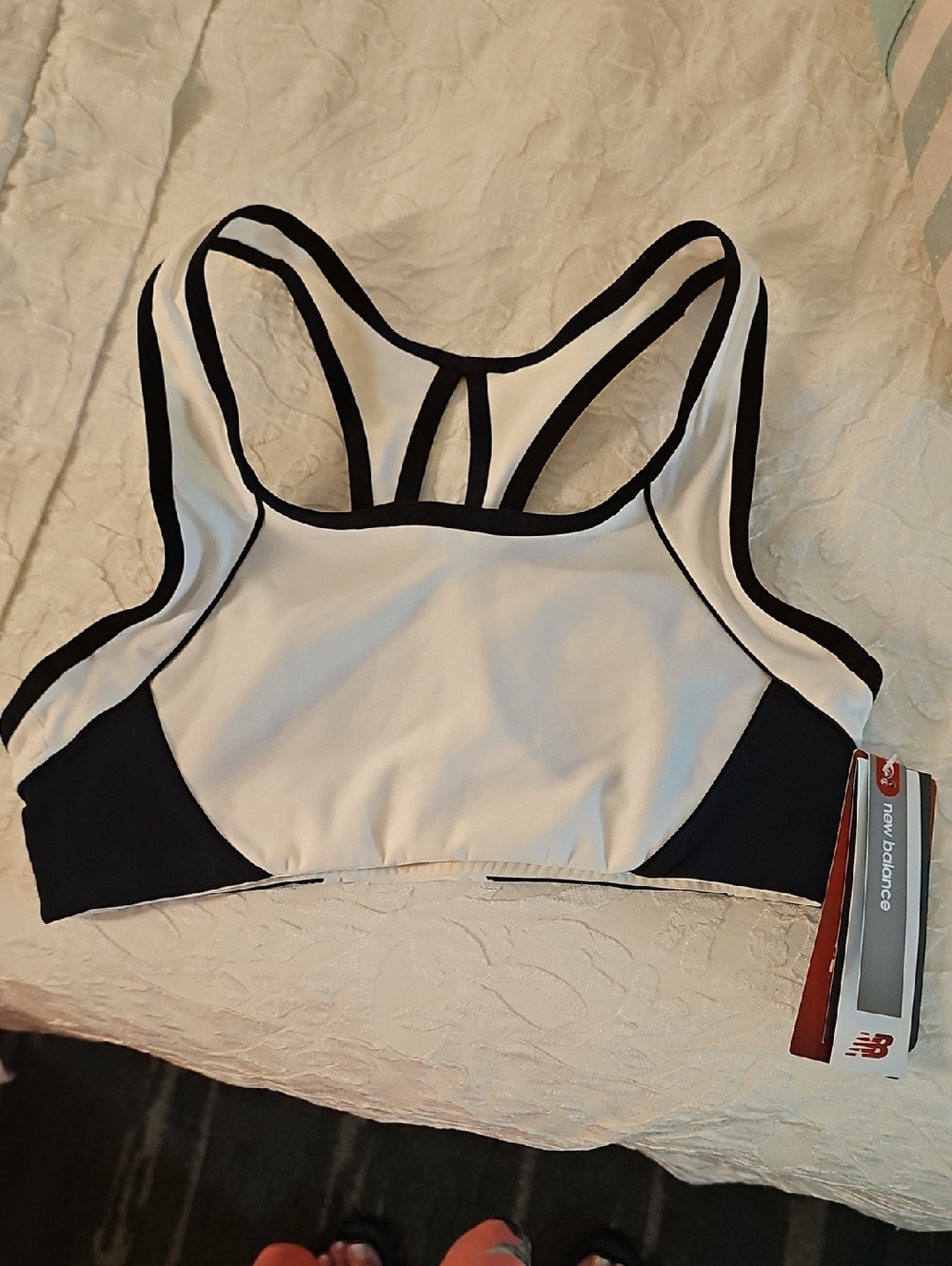 New Balance Teardrop Racerback White Sports Bra with Black Trim